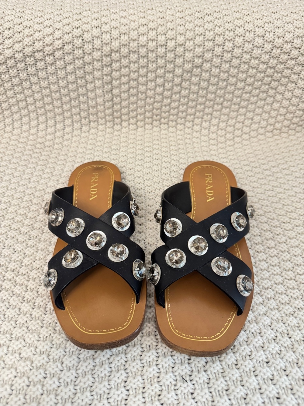 Size 7 Prada Black Leather Crystal-Stud Slide Clogs